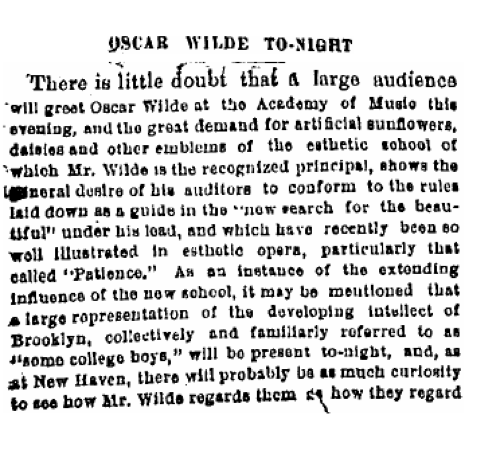Brooklyn Daily Eagle, Feb 4, 1882. Oscar Wilde lecture